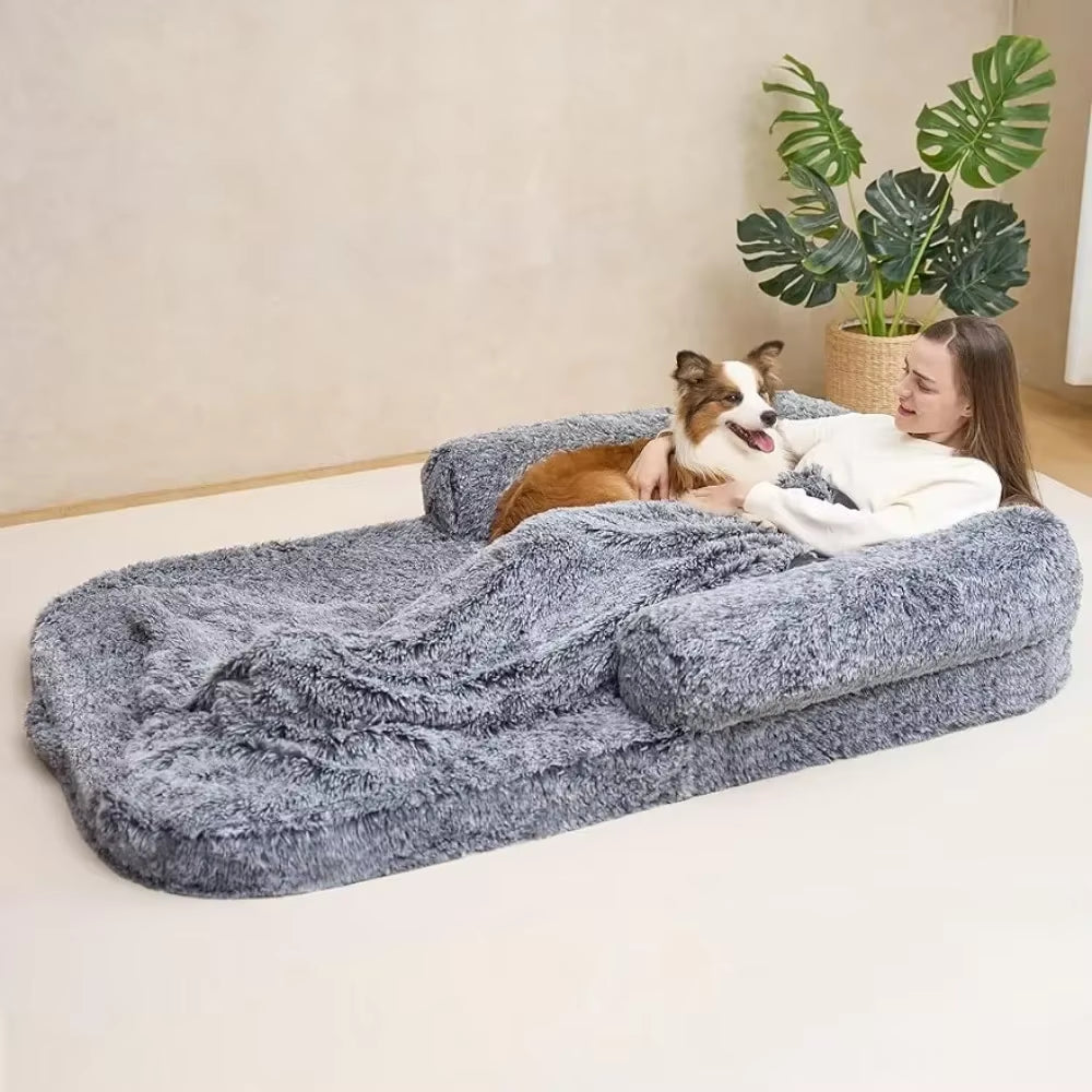 Foldable Human Dog Bed for Adult, Orthopedic Memory Foam Dog Bed, Waterproof Faux Fur Human Sized Dog Bed, 72X44X12 Inches