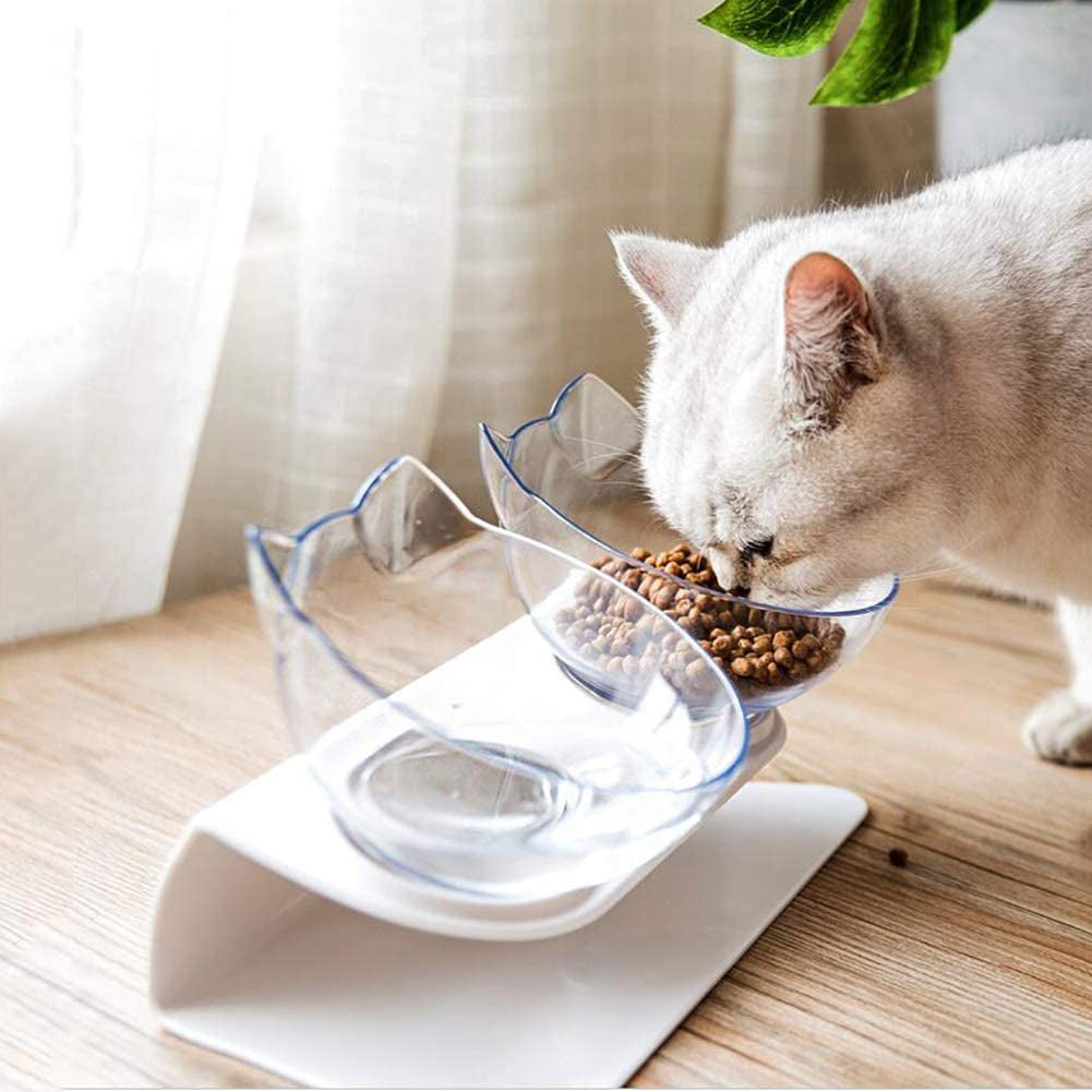 Non Slip Double Cat Bowl with Raised Stand Pet Food Cat Feeder Protect Cervical Vertebra Dog Bowl Transparent Pet Products