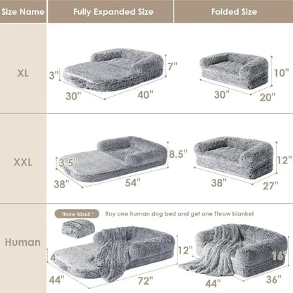 Foldable Human Dog Bed for Adult, Orthopedic Memory Foam Dog Bed, Waterproof Faux Fur Human Sized Dog Bed, 72X44X12 Inches