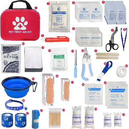 127 Compact Dog and Cat Travelling First Aid Kit with Emergency Supplies and Pet First Aid Manual for Hiking, Camping and Huntin