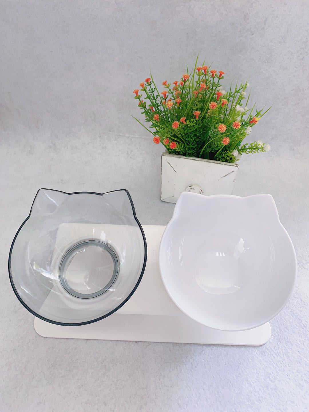 Non Slip Double Cat Bowl with Raised Stand Pet Food Cat Feeder Protect Cervical Vertebra Dog Bowl Transparent Pet Products