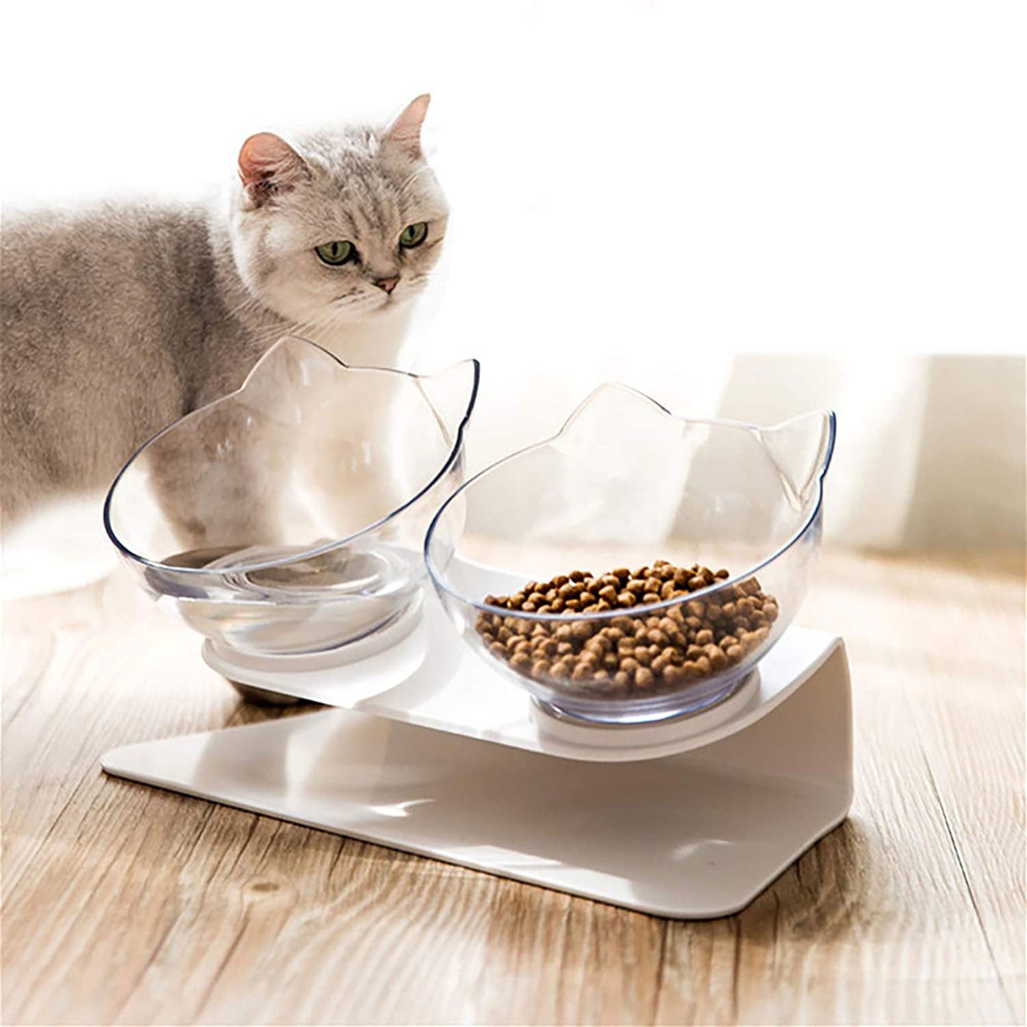 Non Slip Double Cat Bowl with Raised Stand Pet Food Cat Feeder Protect Cervical Vertebra Dog Bowl Transparent Pet Products