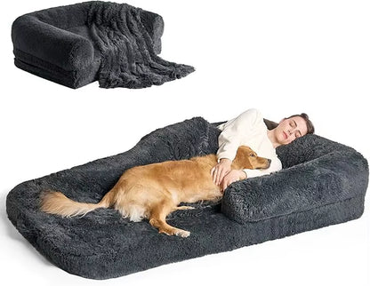 Foldable Human Dog Bed for Adult, Orthopedic Memory Foam Dog Bed, Waterproof Faux Fur Human Sized Dog Bed, 72X44X12 Inches